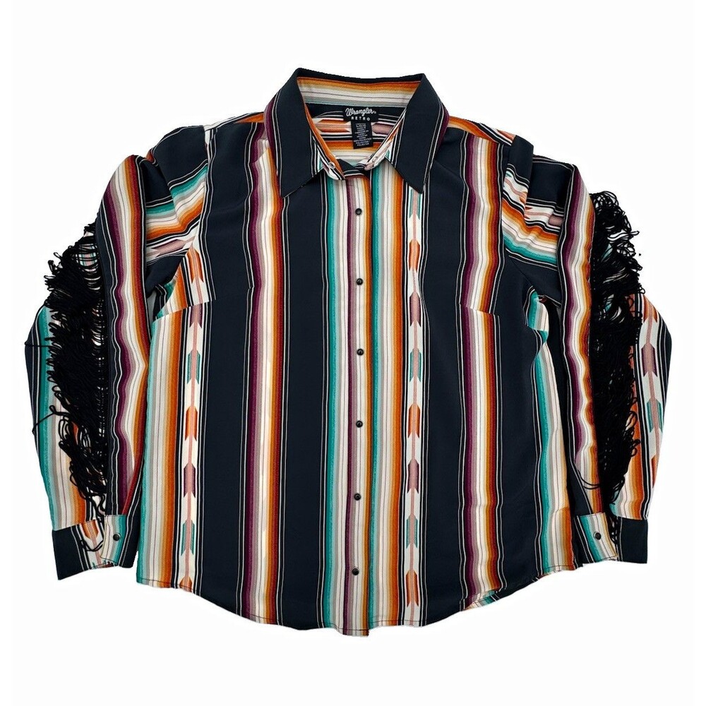 Wrangler Retro Womans L Multicolor Striped Fringe Western Long Sleeve Button-Up